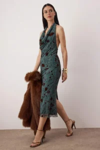 TRENDYOLMİLLA Emerald Green Floral Knitting Tulle Midi Lined Graduation/promotion Dress - Image 2