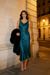 TRENDYOLMİLLA Emerald Green Stone with accessories Weaving Satin Midi Elegant/Evening Dress