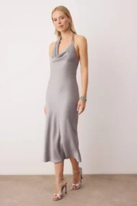 TRENDYOLMİLLA Gray Stone Accessory Detailed Weaving Satin Midi Unlined Elegant/Evening Dress - Image 3