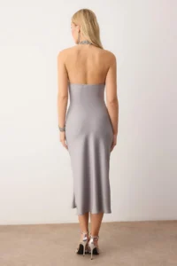 TRENDYOLMİLLA Gray Stone Accessory Detailed Weaving Satin Midi Unlined Elegant/Evening Dress - Image 5