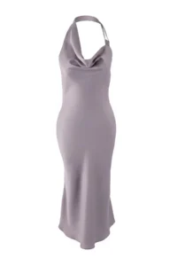 TRENDYOLMİLLA Gray Stone Accessory Detailed Weaving Satin Midi Unlined Elegant/Evening Dress - Image 6