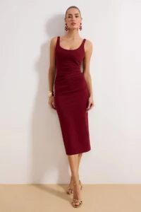 TRENDYOLMİLLA Burgundy Fitted Midi Knitting Dress