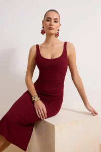 TRENDYOLMİLLA Burgundy Fitted Midi Knitting Dress - Image 2