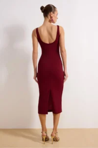 TRENDYOLMİLLA Burgundy Fitted Midi Knitting Dress - Image 4