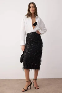 TRENDYOLMiLLA Black Fringed Sequin Detailed Midi Skirt - Image 3