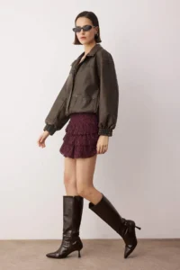 TRENDYOLMiLLA Burgundy Plain Ekstra Short / Super Mini Knitting Lace Party Skirt - Image 2