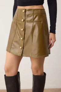 TRENDYOLMİLLA Oil Green Patent Leather Gold buttoned Mini Party Skirt - Image 3
