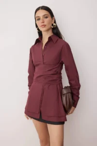 TRENDYOLMİLLA Burgundy Waist Ruffle Detailed Chic Shirt