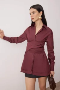 TRENDYOLMİLLA Burgundy Waist Ruffle Detailed Chic Shirt - Image 2