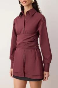 TRENDYOLMİLLA Burgundy Waist Ruffle Detailed Chic Shirt - Image 3