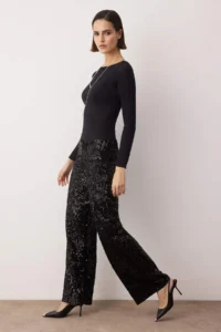 TRENDYOLMİLLA Black Wide Leg/Wide Leg Knitting Sequin Elegant/Evening Pants - Image 2