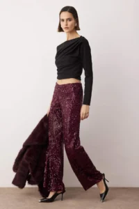 TRENDYOLMİLLA Plum Wide Leg/Wide Leg Knitting Sequin Elegant/Evening Pants - Image 2