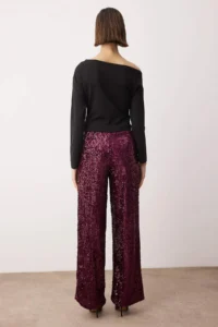 TRENDYOLMİLLA Plum Wide Leg/Wide Leg Knitting Sequin Elegant/Evening Pants - Image 4