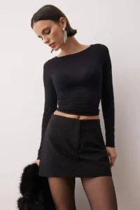 TRENDYOLMiLLA Black Low Waist Stone Printed Weaving Skirt Look Shorts