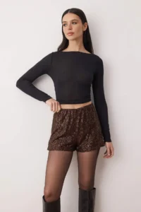 TRENDYOLMiLLA Brown Extra/Super Mini Knitting Sequin Shorts - Image 2