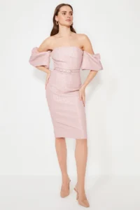 TRENDYOLMİLLA Pink Arched Lined textured Kendinden Patterned Weaving Chic Evening Gown Dress