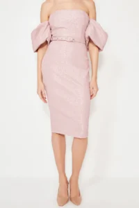 TRENDYOLMİLLA Pink Arched Lined textured Kendinden Patterned Weaving Chic Evening Gown Dress - Image 4