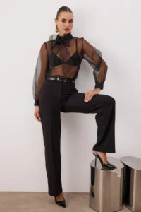 TRENDYOLMİLLA Black Transparent Weaving Tulle Blouse - Image 2