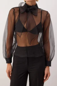 TRENDYOLMİLLA Black Transparent Weaving Tulle Blouse - Image 3