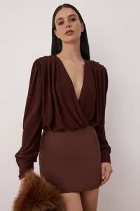 TRENDYOLMİLLA Dark Brown Plain V-neck LONG padded Bottom snaps Knitting Sandy Elegant/Evening Bodysuit .D.0029
