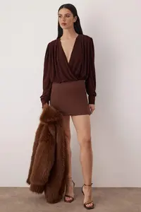 TRENDYOLMİLLA Dark Brown Plain V-neck LONG padded Bottom snaps Knitting Sandy Elegant/Evening Bodysuit .D.0029 - Image 2