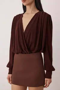 TRENDYOLMİLLA Dark Brown Plain V-neck LONG padded Bottom snaps Knitting Sandy Elegant/Evening Bodysuit .D.0029 - Image 3