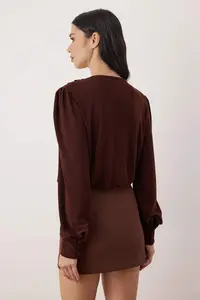 TRENDYOLMİLLA Dark Brown Plain V-neck LONG padded Bottom snaps Knitting Sandy Elegant/Evening Bodysuit .D.0029 - Image 4