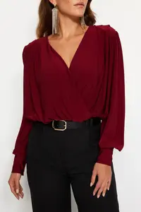 TRENDYOLMİLLA Dark Burgundy wrap snaps Knitting Bodysuit .D.0029 - Image 4