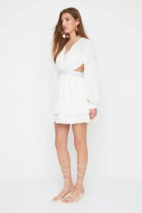 TRENDYOLMİLLA X Sagaza Studio Ecru Waist Tire Detailed Embroidery Dress - Image 2