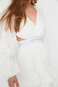 TRENDYOLMİLLA X Sagaza Studio Ecru Waist Tire Detailed Embroidery Dress - Image 4