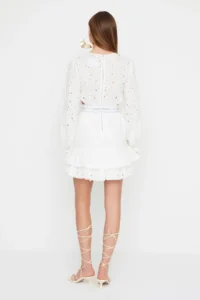 TRENDYOLMİLLA X Sagaza Studio Ecru Waist Tire Detailed Embroidery Dress - Image 5