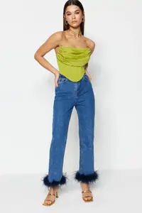 TRENDYOLMİLLA Light Green Crop Lined Corset Detailed Knitting Bustier - Image 2