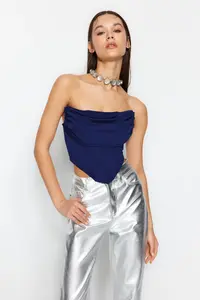TRENDYOLMİLLA Saks Blue Crop Lined Corset Detailed Knitting Bustier - Image 2