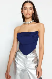 TRENDYOLMİLLA Saks Blue Crop Lined Corset Detailed Knitting Bustier - Image 3