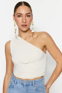 TRENDYOLMİLLA Ecru Crop Lined shiny Knitting Bustier - Image 3