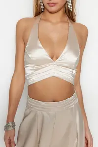 TRENDYOLMİLLA Beige Crop Lined Weaving Satin Bustier - Image 4