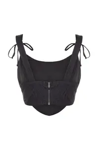TRENDYOLMİLLA Black Crop Lined Piped Corset Detailed Knitting Lace Bustier - Image 8