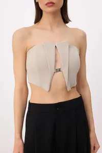 TRENDYOLMİLLA Beige*001 Plain Strapless Sleeveless Cut Out Weaving polyviscone Elegant/Evening Bustier - Image 3