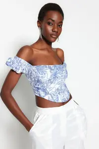 TRENDYOLMİLLA Multicolored Crop Lined Corset Detailed flower patterned Weaving Poplin Bustier - Image 2