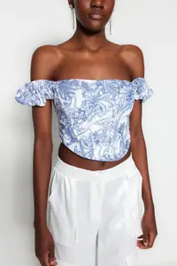 TRENDYOLMİLLA Multicolored Crop Lined Corset Detailed flower patterned Weaving Poplin Bustier - Image 4