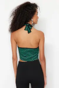 TRENDYOLMİLLA Black-Green Crop Knitting Window/Cut Out Detailed Animal Patterned Bustier - Image 6