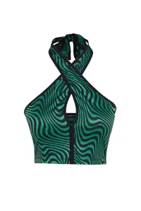 TRENDYOLMİLLA Black-Green Crop Knitting Window/Cut Out Detailed Animal Patterned Bustier - Image 7