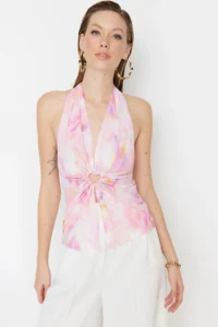 TRENDYOLMİLLA Multicolored with accessories Window/Cut Out Detailed Printed Knitting Blouse - Image 4
