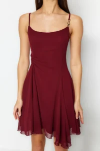 TRENDYOLMİLLA Burgundy A-Cut with accessories Lined Siphon Short Evening Gown Flight Flight Night Graduation Dress - Image 10