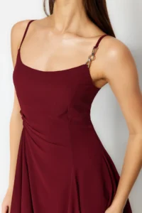 TRENDYOLMİLLA Burgundy A-Cut with accessories Lined Siphon Short Evening Gown Flight Flight Night Graduation Dress - Image 11
