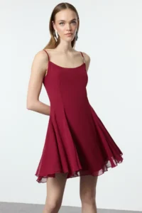 TRENDYOLMİLLA Burgundy A-Cut with accessories Lined Siphon Short Evening Gown Flight Flight Night Graduation Dress - Image 2