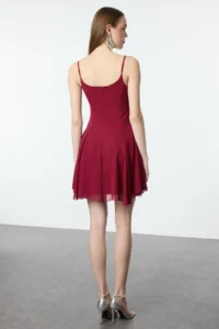 TRENDYOLMİLLA Burgundy A-Cut with accessories Lined Siphon Short Evening Gown Flight Flight Night Graduation Dress - Image 6