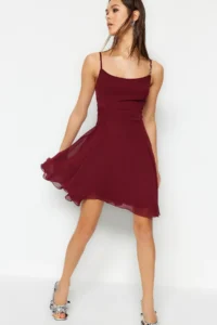 TRENDYOLMİLLA Burgundy A-Cut with accessories Lined Siphon Short Evening Gown Flight Flight Night Graduation Dress - Image 7