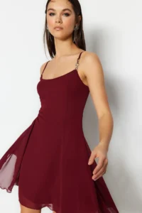 TRENDYOLMİLLA Burgundy A-Cut with accessories Lined Siphon Short Evening Gown Flight Flight Night Graduation Dress - Image 8