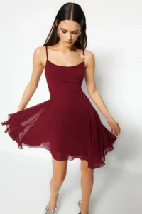 TRENDYOLMİLLA Burgundy A-Cut with accessories Lined Siphon Short Evening Gown Flight Flight Night Graduation Dress - Image 9